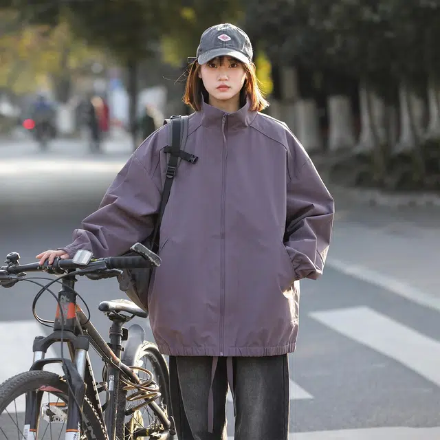 依文 美式简约纯色高街基础款简约机能登山立领休闲宽松运动百搭潮流痞帅飞行员教练夹克外套 男女同款