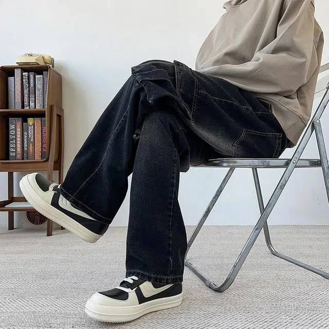 绘承 美式复古潮牌宽松直筒休闲水洗做旧多口袋基础经典百搭工装牛仔裤 男女同款