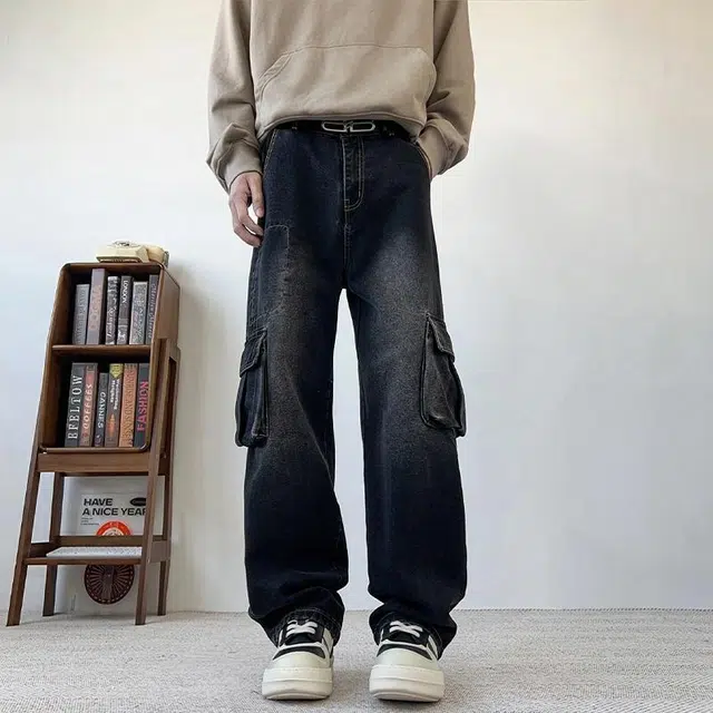绘承 美式复古潮牌宽松直筒休闲水洗做旧多口袋基础经典百搭工装牛仔裤 男女同款