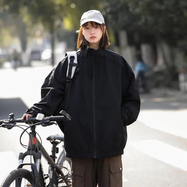 依文 美式简约纯色高街基础款简约机能登山立领休闲宽松运动百搭潮流痞帅飞行员教练夹克外套 男女同款