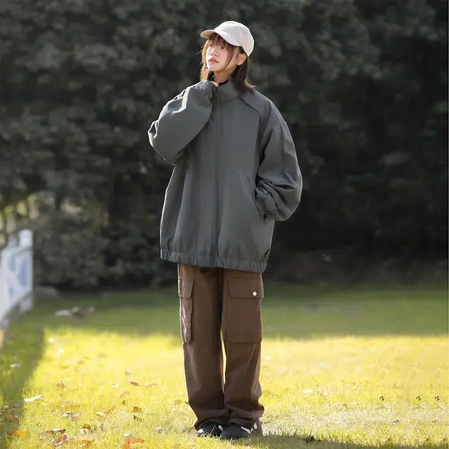 依文 美式简约纯色高街基础款简约机能登山立领休闲宽松运动百搭潮流痞帅飞行员教练夹克外套 男女同款