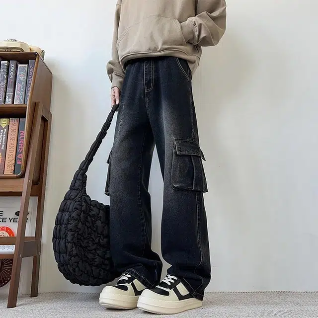 绘承 美式复古潮牌宽松直筒休闲水洗做旧多口袋基础经典百搭工装牛仔裤 男女同款