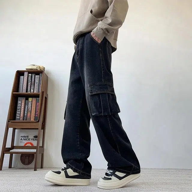 绘承 美式复古潮牌宽松直筒休闲水洗做旧多口袋基础经典百搭工装牛仔裤 男女同款