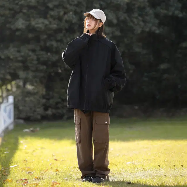 依文 美式简约纯色高街基础款简约机能登山立领休闲宽松运动百搭潮流痞帅飞行员教练夹克外套 男女同款