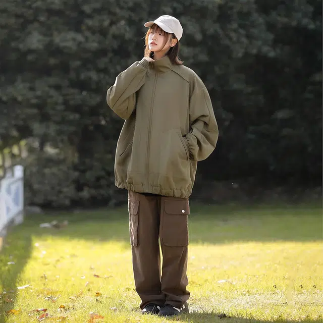 依文 美式简约纯色高街基础款简约机能登山立领休闲宽松运动百搭潮流痞帅飞行员教练夹克外套 男女同款