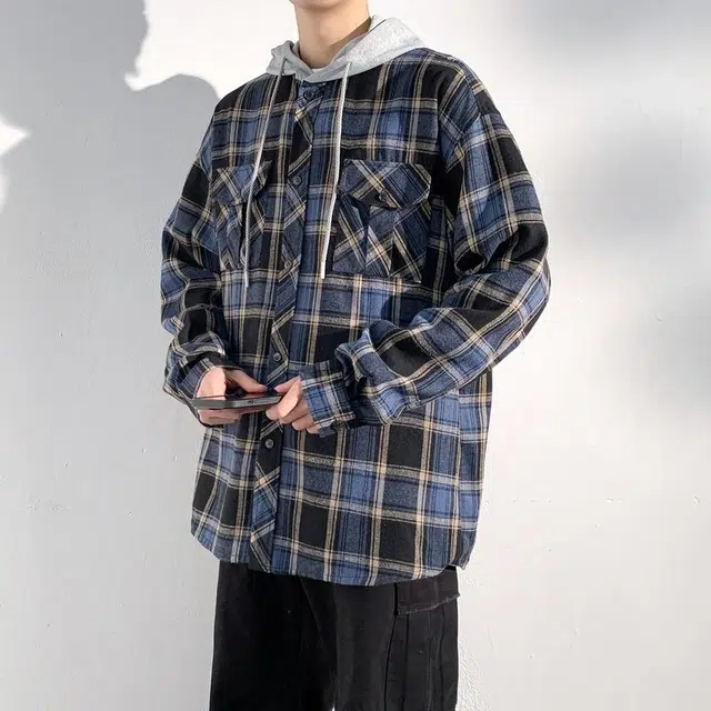 美力城 美式高街复古条纹格子假两件连帽宽松百搭慵懒休闲简约设计感中性落肩长袖衬衫 男女同款