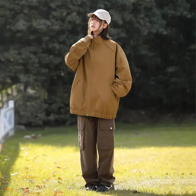 依文 美式简约纯色高街基础款简约机能登山立领休闲宽松运动百搭潮流痞帅飞行员教练夹克外套 男女同款