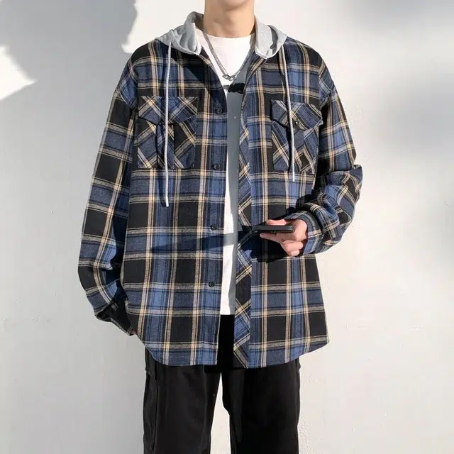美力城 美式高街复古条纹格子假两件连帽宽松百搭慵懒休闲简约设计感中性落肩长袖衬衫 男女同款