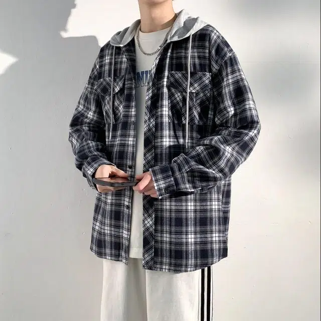 美力城 美式高街复古条纹格子假两件连帽宽松百搭慵懒休闲简约设计感中性落肩长袖衬衫 男女同款