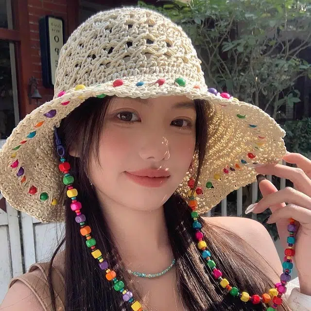 佩洛依 夏季小清新泫雅风彩色木珠草帽出游旅行镂空大帽檐时尚百搭遮阳防晒帽 草编 渔夫帽 男女同款情侣款