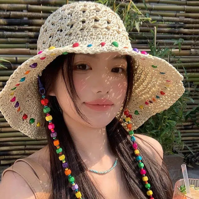 佩洛依 夏季小清新泫雅风彩色木珠草帽出游旅行镂空大帽檐时尚百搭遮阳防晒帽 草编 渔夫帽 男女同款情侣款