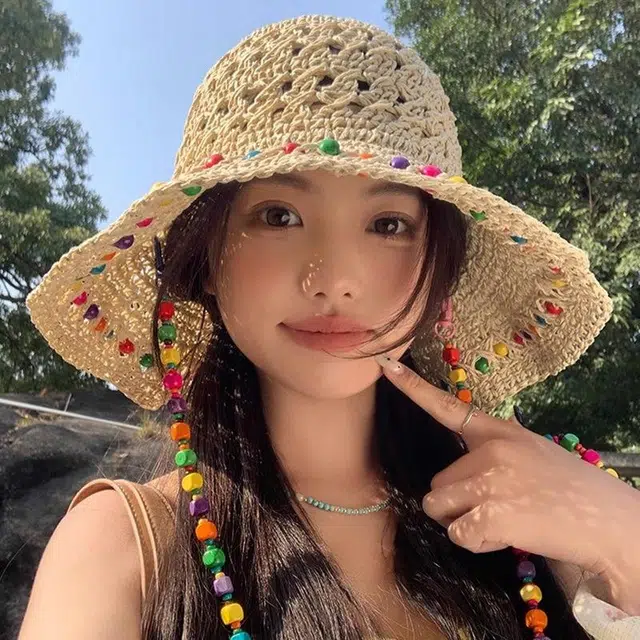 佩洛依 夏季小清新泫雅风彩色木珠草帽出游旅行镂空大帽檐时尚百搭遮阳防晒帽 草编 渔夫帽 男女同款情侣款