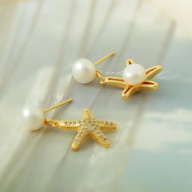 品彩 夏日风情 海星圆珠耳饰 不对称 小众设计高级感 年轻百搭时尚 淡水珍珠 耳环 女款