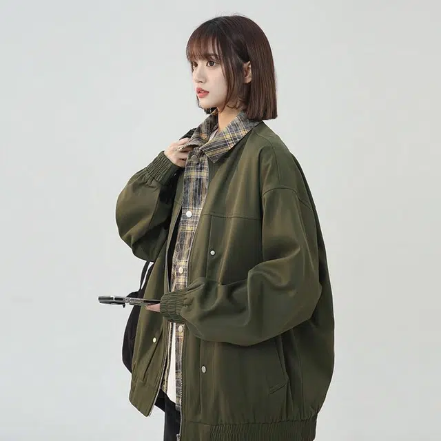 袋鼠 纯色基础字母宽松落肩飞行员夹克外套 男女同款