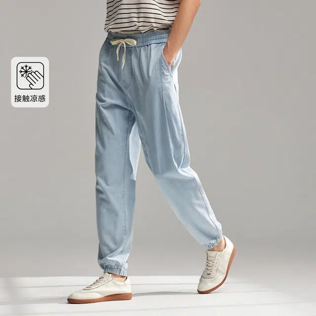 森马 轻薄凉感松紧带经典束脚裤休闲时尚简约百搭九分裤牛仔裤 男款