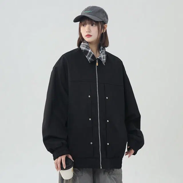 袋鼠 纯色基础字母宽松落肩飞行员夹克外套 男女同款