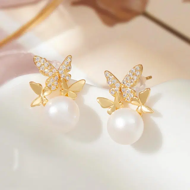 品彩 蝴蝶 强光馒头珠 百搭大气高级感 年轻轻奢时尚 淡水珍珠 耳钉 女款