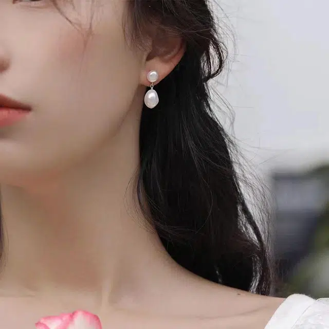 品彩 水滴形大小珠 甜美气质 轻奢大气高级感 淡水珍珠 耳环 女款