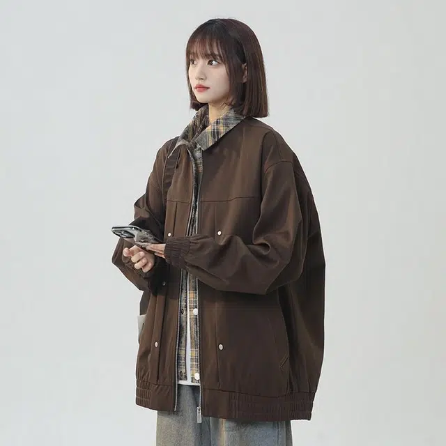 袋鼠 纯色基础字母宽松落肩飞行员夹克外套 男女同款