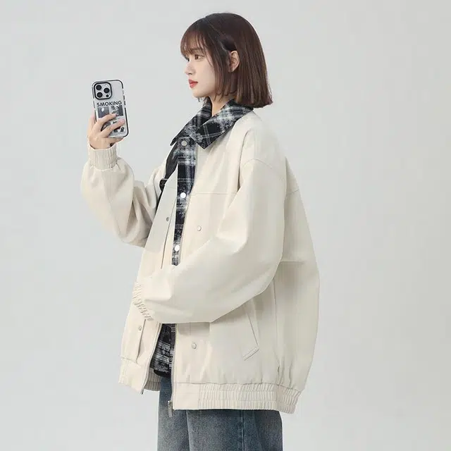 袋鼠 纯色基础字母宽松落肩飞行员夹克外套 男女同款