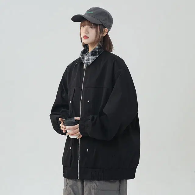袋鼠 纯色基础字母宽松落肩飞行员夹克外套 男女同款