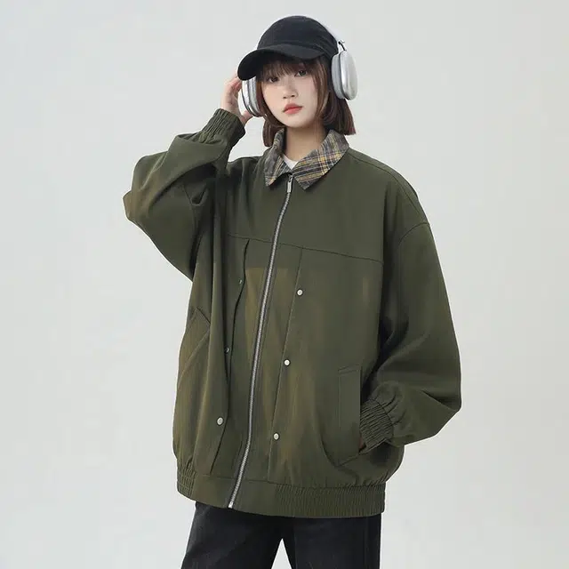 袋鼠 纯色基础字母宽松落肩飞行员夹克外套 男女同款