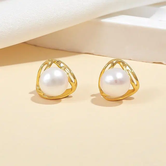 品彩 金色几何耳饰 百搭个性 淡水珍珠 耳钉 女款