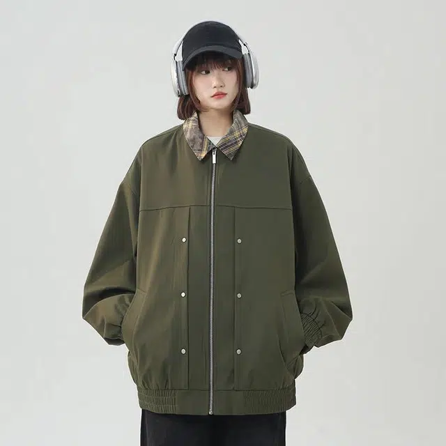 袋鼠 纯色基础字母宽松落肩飞行员夹克外套 男女同款