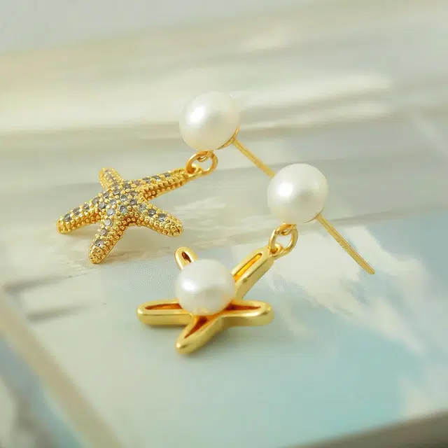 品彩 夏日风情 海星圆珠耳饰 不对称 小众设计高级感 年轻百搭时尚 淡水珍珠 耳环 女款