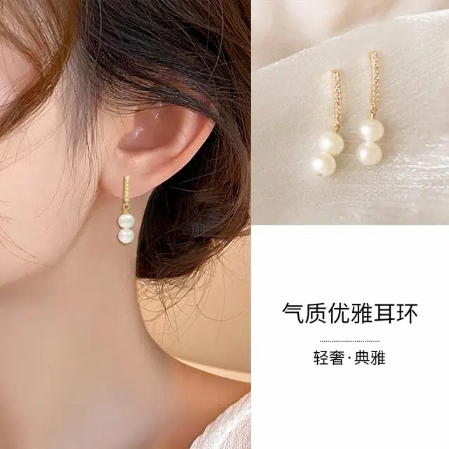 品彩 双珠 白色 粉紫色 个性小众百搭时尚 年轻轻奢 淡水珍珠 耳环 女款