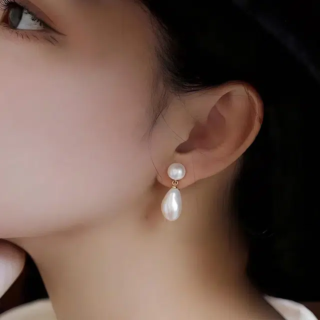 品彩 水滴形大小珠 甜美气质 轻奢大气高级感 淡水珍珠 耳环 女款