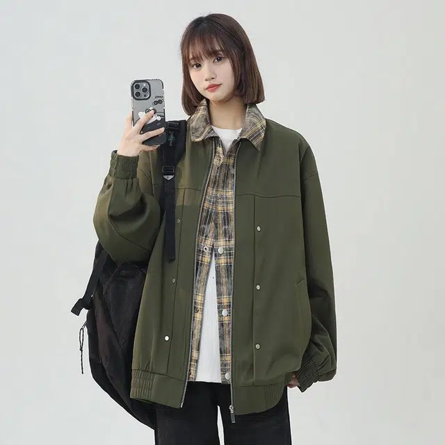 袋鼠 纯色基础字母宽松落肩飞行员夹克外套 男女同款