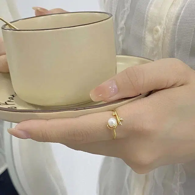 品彩 国风新中式 好运嫩芽枝条 轻奢高级感年轻设计 淡水珍珠 戒指 女款