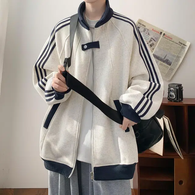 颂希尔 美式学院风撞色拼接潮流百搭条纹夹克外套 男女同款