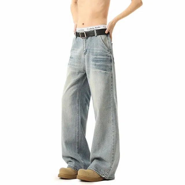 KEIRANDUN Vintage Washed Denim Jeans