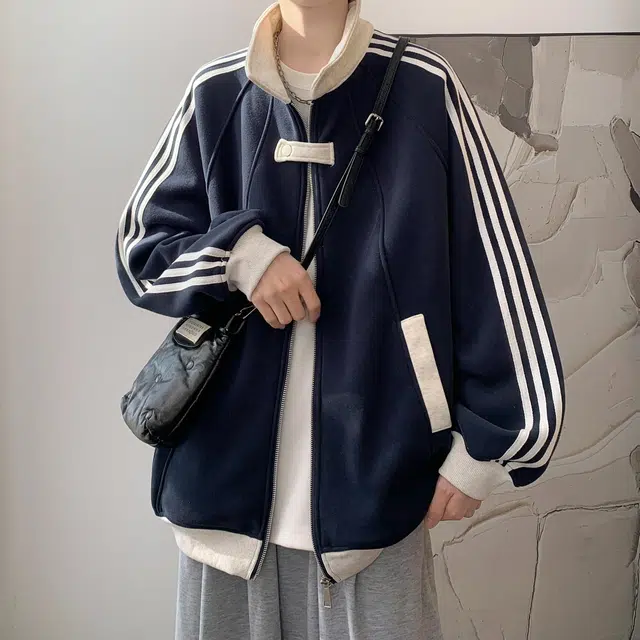颂希尔 美式学院风撞色拼接潮流百搭条纹夹克外套 男女同款