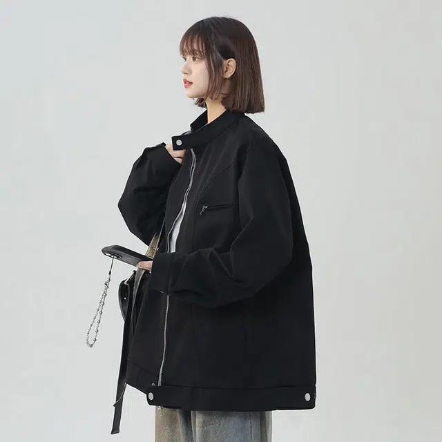 袋鼠 美式简约户外基础款学院风纯色宽松休闲透气百搭立领夹克外套 男女同款