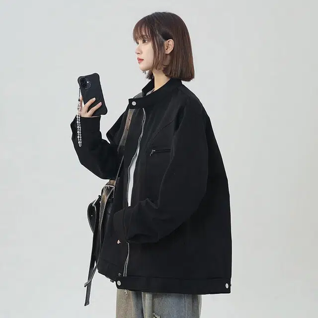 袋鼠 美式简约户外基础款学院风纯色宽松休闲透气百搭立领夹克外套 男女同款