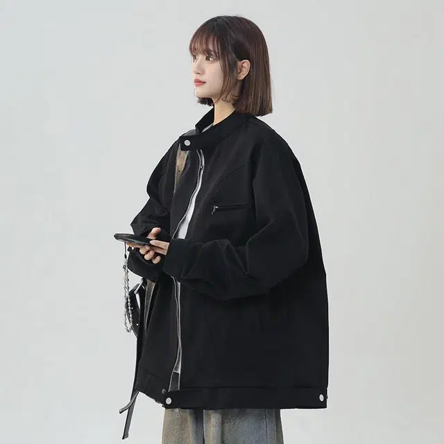 袋鼠 美式简约户外基础款学院风纯色宽松休闲透气百搭立领夹克外套 男女同款