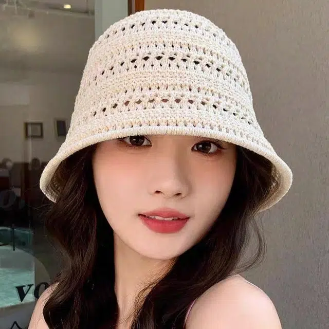 啄木鸟 日系纯色钩织镂空水桶春夏遮阳显脸小透气户外海边文艺清新风高级感立体高颅顶 聚酯纤维 渔夫帽 男女同款情侣款