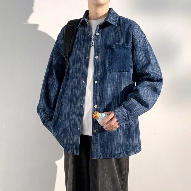 美力城 美式潮流百搭经典渐变条纹设计感基础宽松休闲纽扣翻领长袖衬衫 男女同款