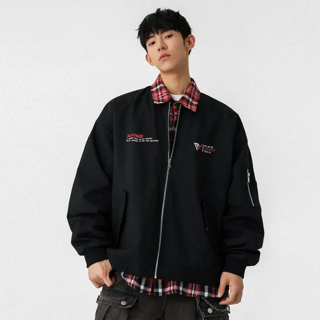 雅鹿 纯色美式高街复古字母印花简约拉链棒球格纹假两件防风保暖潮流宽松飞行重磅百搭工装夹克外套 男女同款