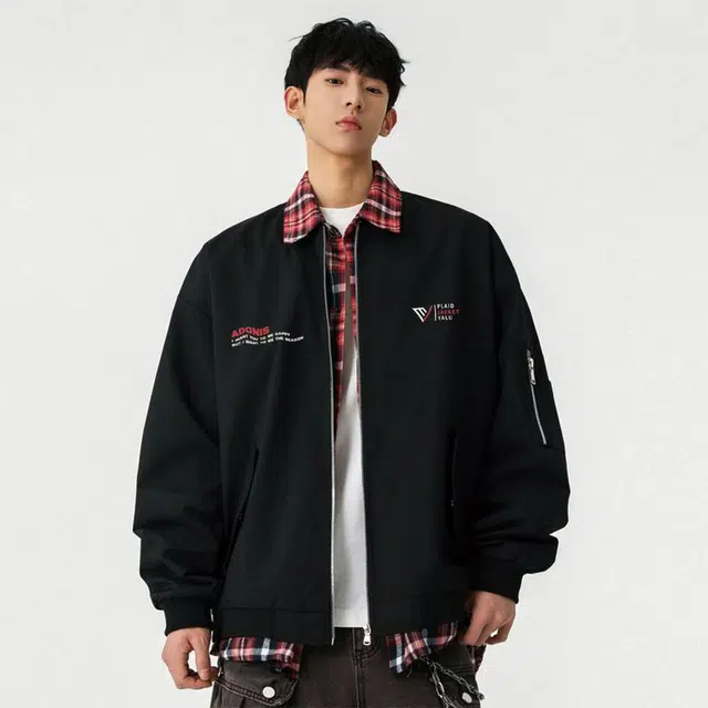 雅鹿 纯色美式高街复古字母印花简约拉链棒球格纹假两件防风保暖潮流宽松飞行重磅百搭工装夹克外套 男女同款