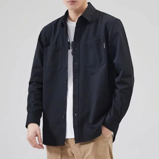 杜克恩 美式复古重磅纯棉工装口袋衬衣外套水洗简约百搭通勤宽松休闲潮牌长袖衬衫 男款