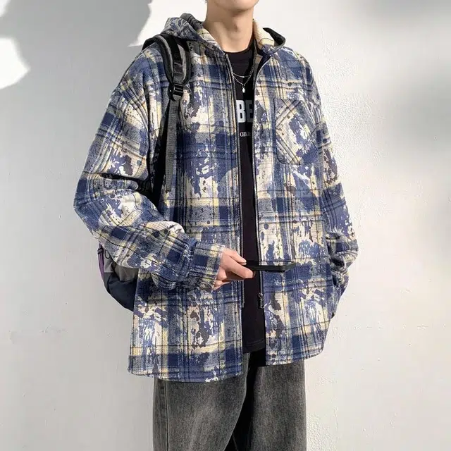 美力城 美式高街复古泼墨格子简约百搭户外休闲通勤教练飞行员连帽夹克外套 男女同款