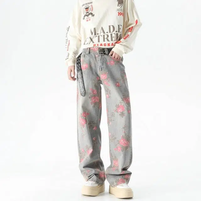 木林森 美式街头嘻哈个性花卉满印复古水洗百搭通勤宽松休闲垂感直筒牛仔裤 男女同款 蓝色