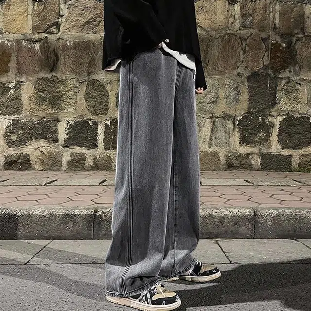 华夏儿女 春夏季 宽松直筒松紧腰潮牌高街港风水洗拖地牛仔裤 男款