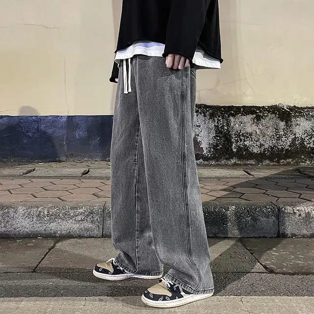 华夏儿女 春夏季 宽松直筒松紧腰潮牌高街港风水洗拖地牛仔裤 男款
