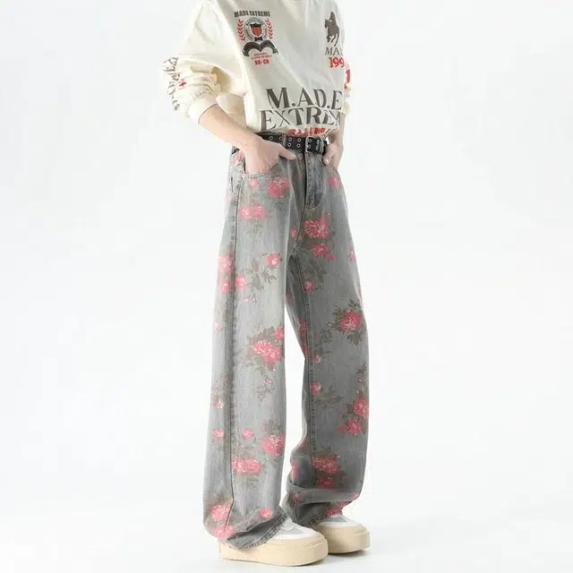 木林森 美式街头嘻哈个性花卉满印复古水洗百搭通勤宽松休闲垂感直筒牛仔裤 男女同款 蓝色
