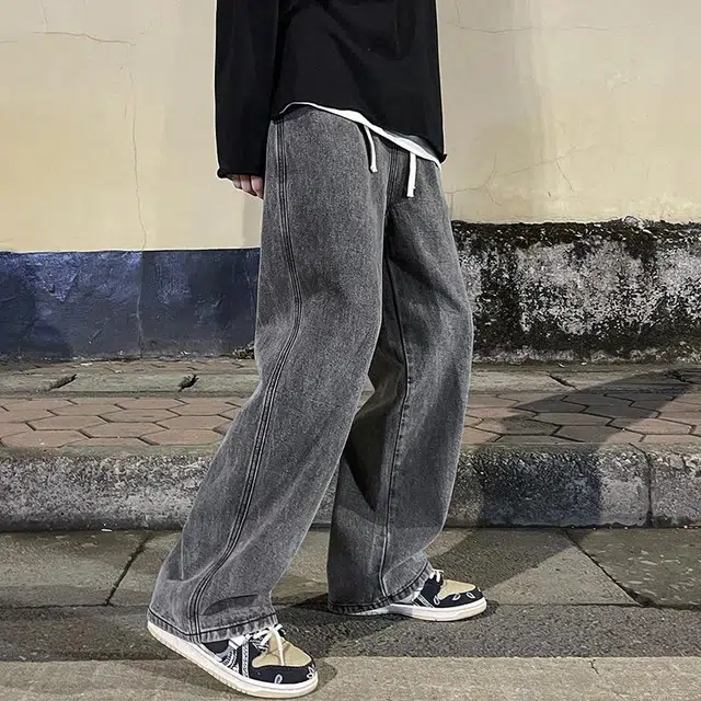 华夏儿女 春夏季 宽松直筒松紧腰潮牌高街港风水洗拖地牛仔裤 男款